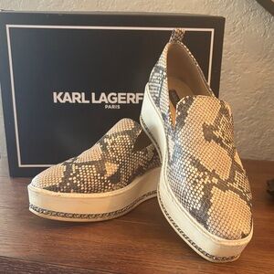 Karl Lagerfeld Beige and Brown Snakeskin Slip-Ons